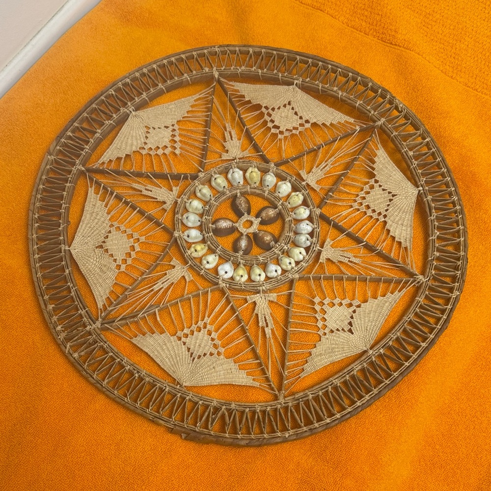 70s rare vintage South Sea handmade  Woven Wall Art with Shell Details